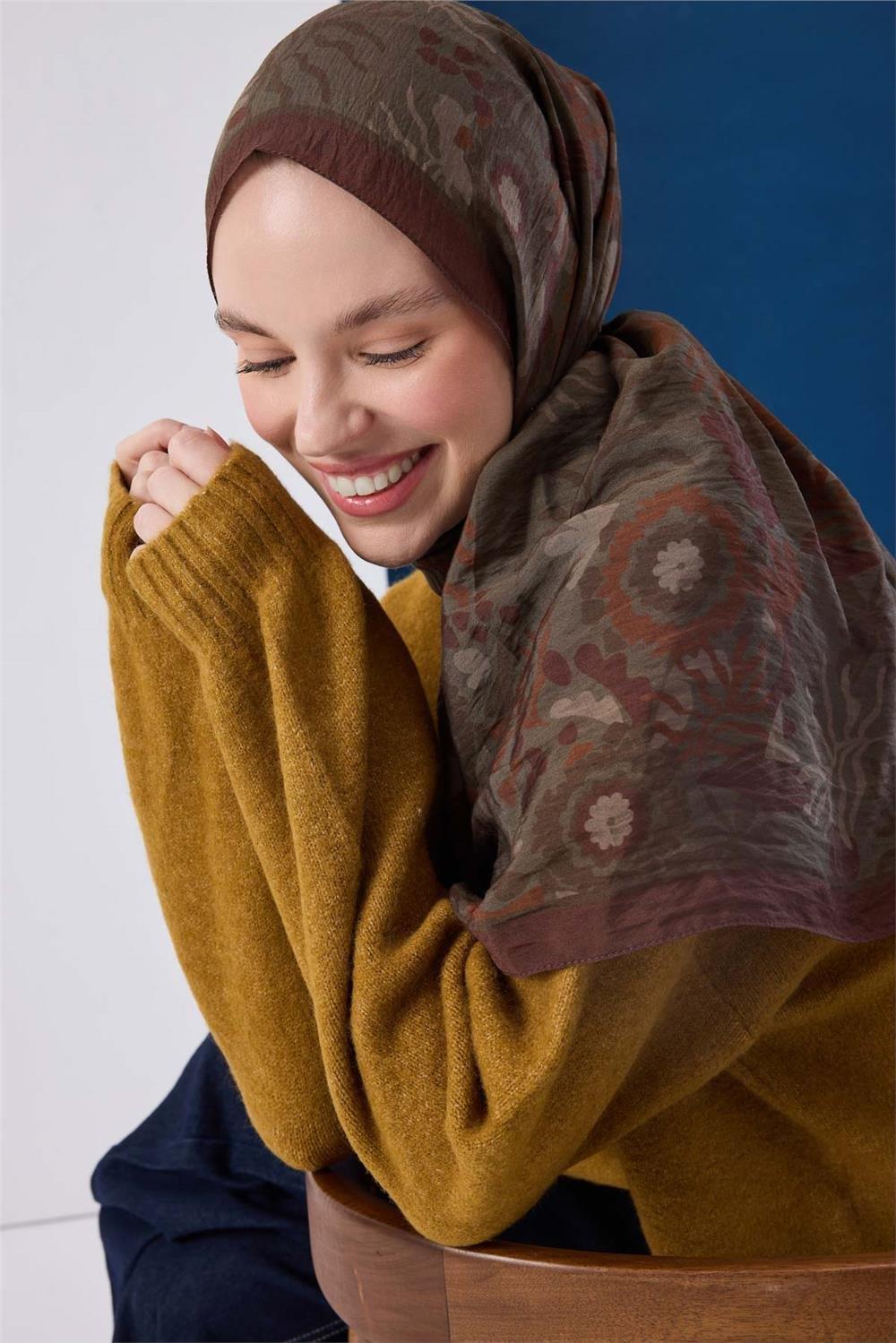 Viskon Karışımlı Mayda Şal Haki-Kiremit Desenli Tok Duruşlu 190x70