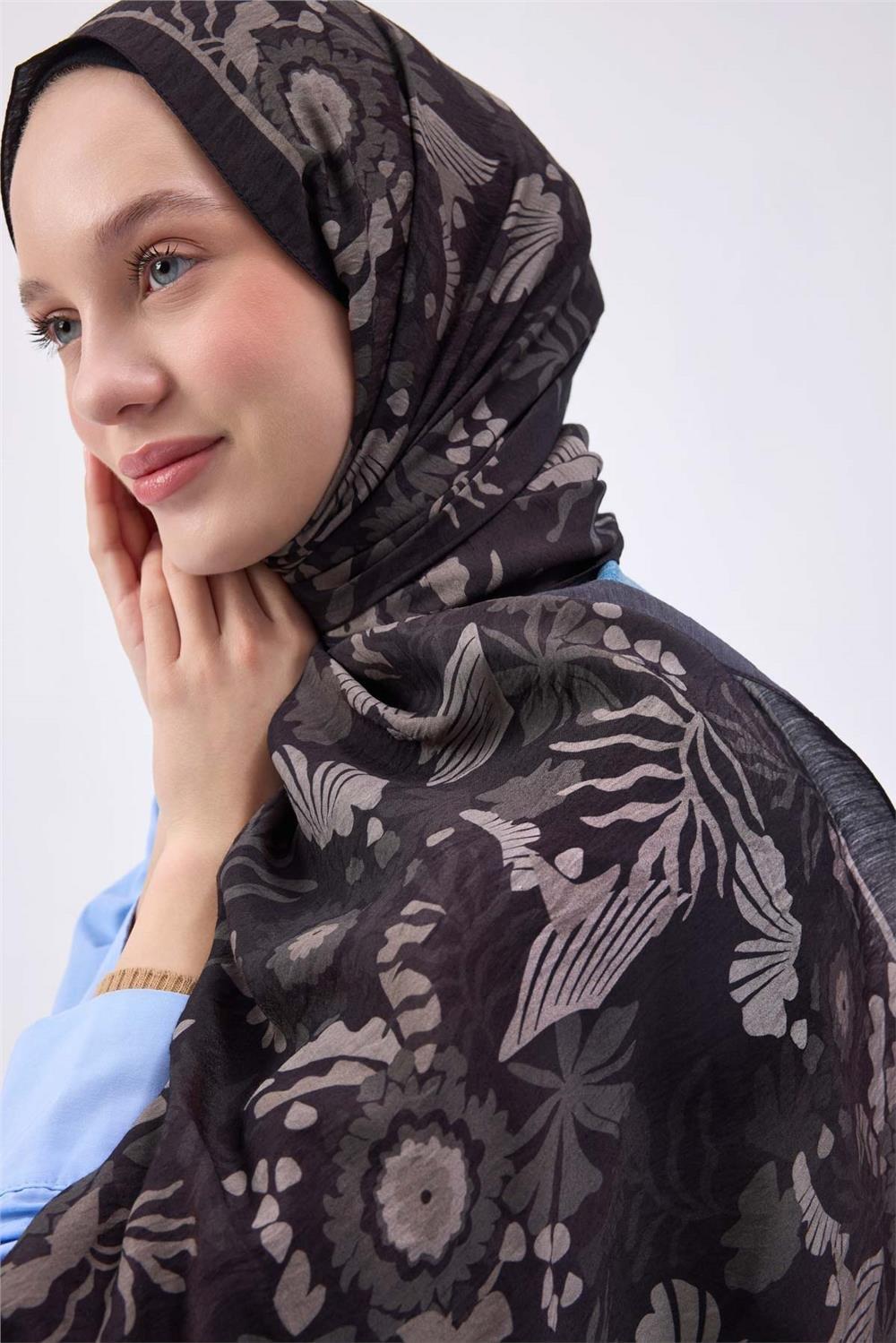 Viskon Mayda Şal Koyu Gri Zeminli Ton Sür Ton Desenli Yumuşak Dokulu 190x70