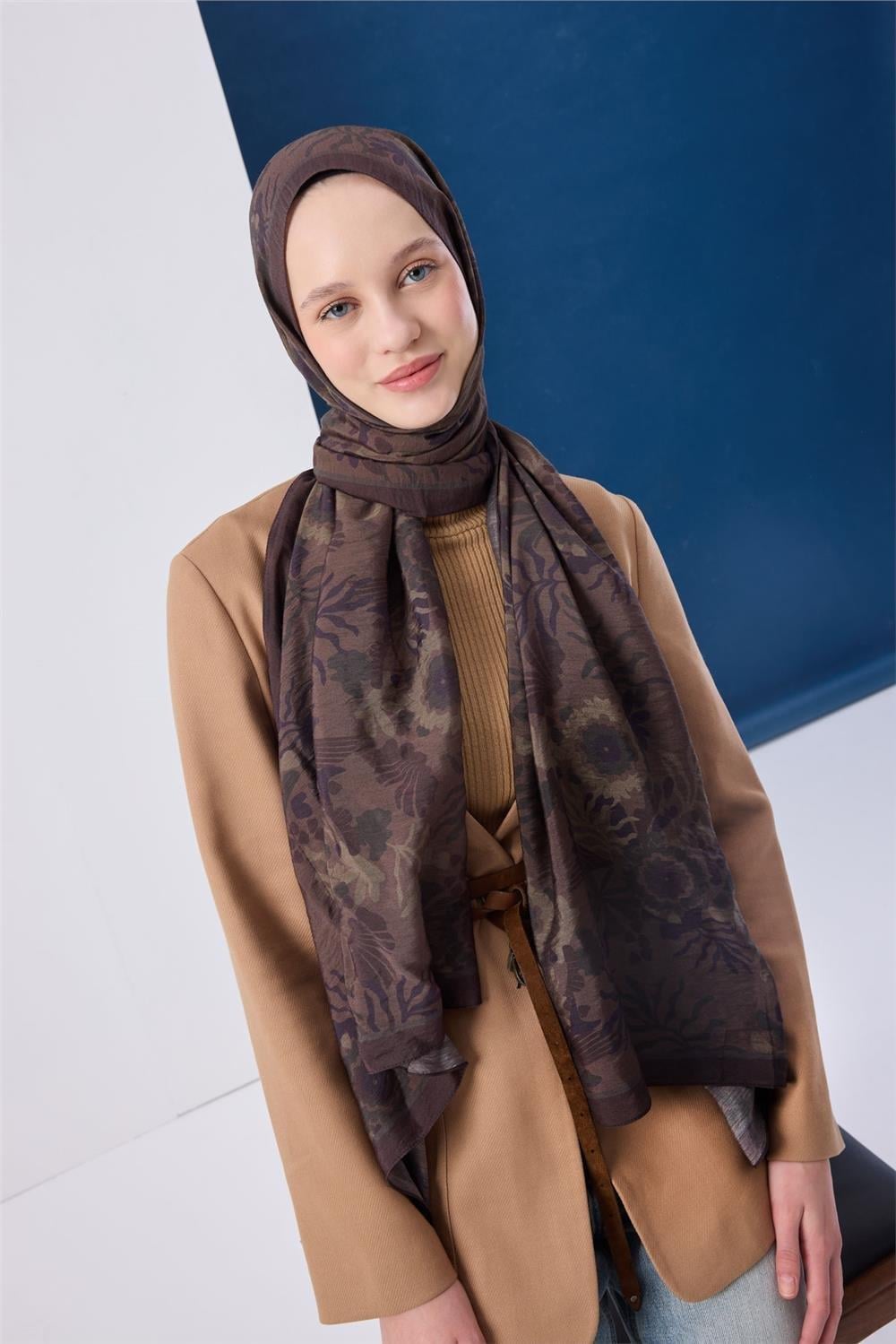 Viskon Karışımlı Mayda Şal Koyu Vizon-Kahverengi Desenli Tok Duruşlu 190x70