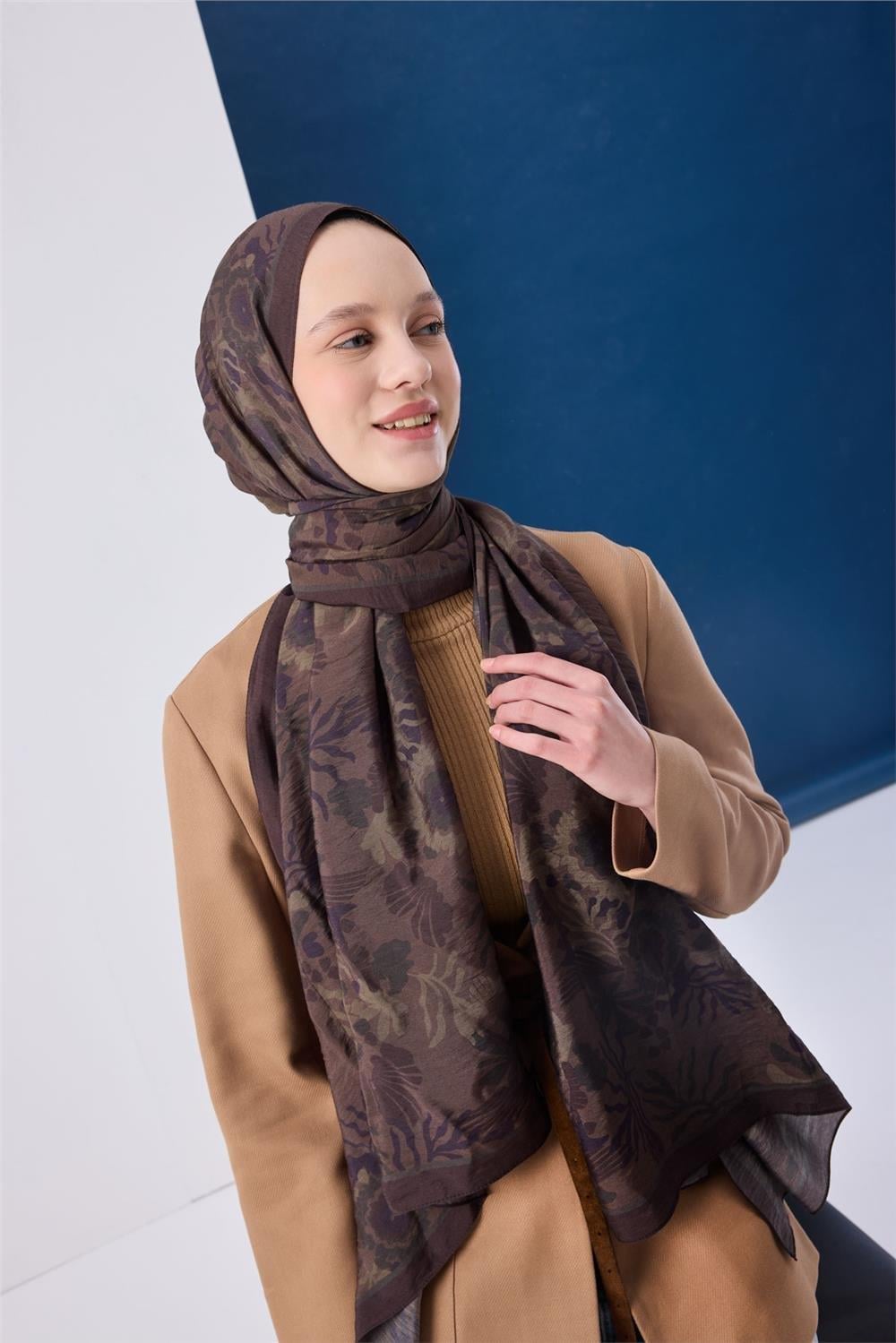 Viskon Karışımlı Mayda Şal Koyu Vizon-Kahverengi Desenli Tok Duruşlu 190x70