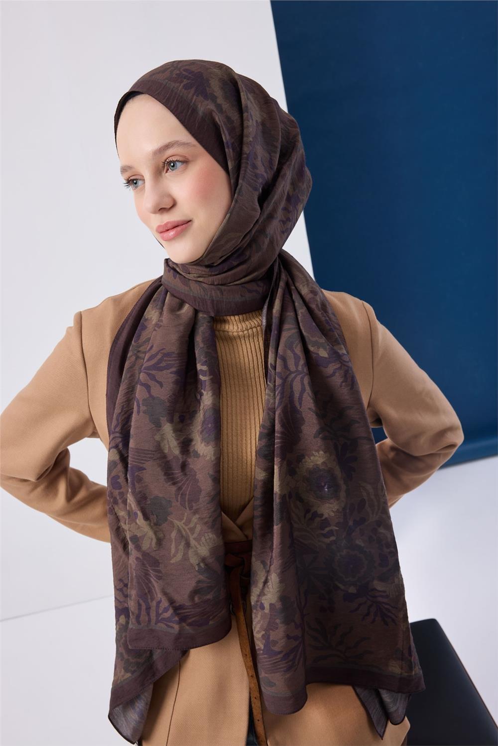 Viskon Karışımlı Mayda Şal Koyu Vizon-Kahverengi Desenli Tok Duruşlu 190x70