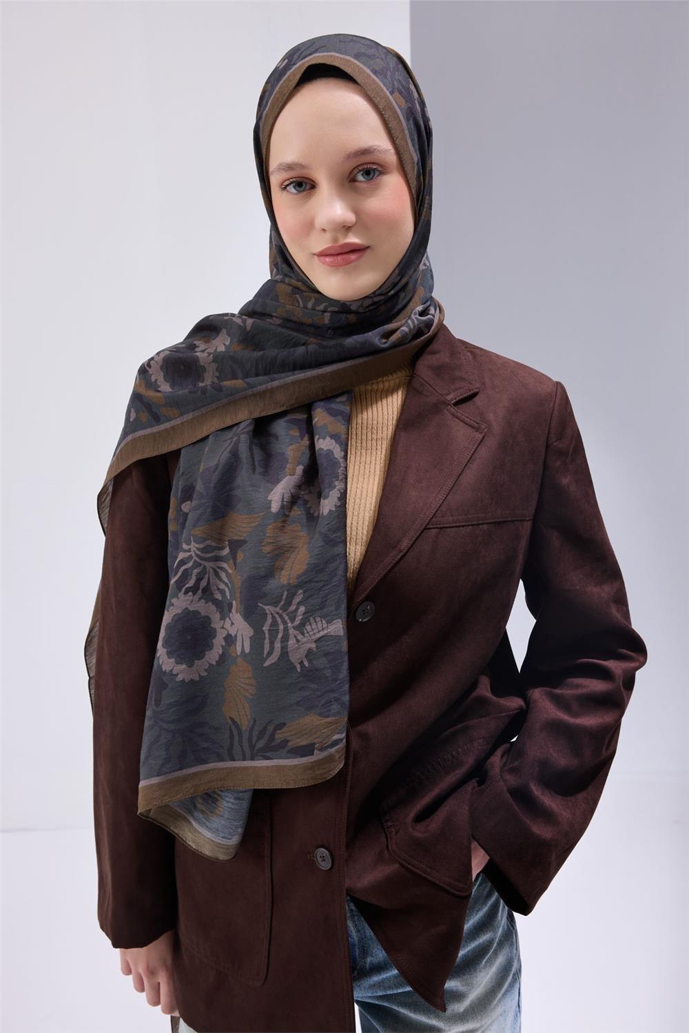 Viskon Karışımlı Mayda Şal Petrol Yeşili-Lacivert Desenli Tok Duruşlu 190x70