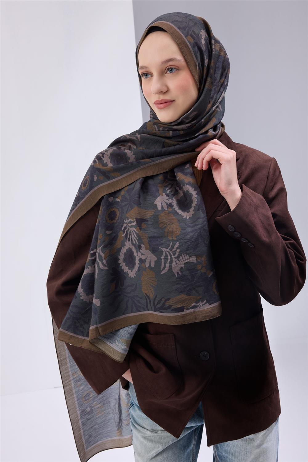 Viskon Karışımlı Mayda Şal Petrol Yeşili-Lacivert Desenli Tok Duruşlu 190x70