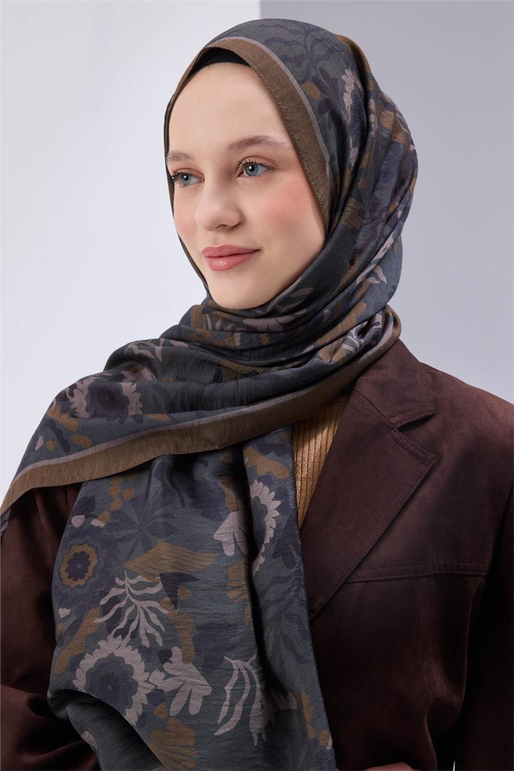 Viskon Karışımlı Mayda Şal Petrol Yeşili-Lacivert Desenli Tok Duruşlu 190x70