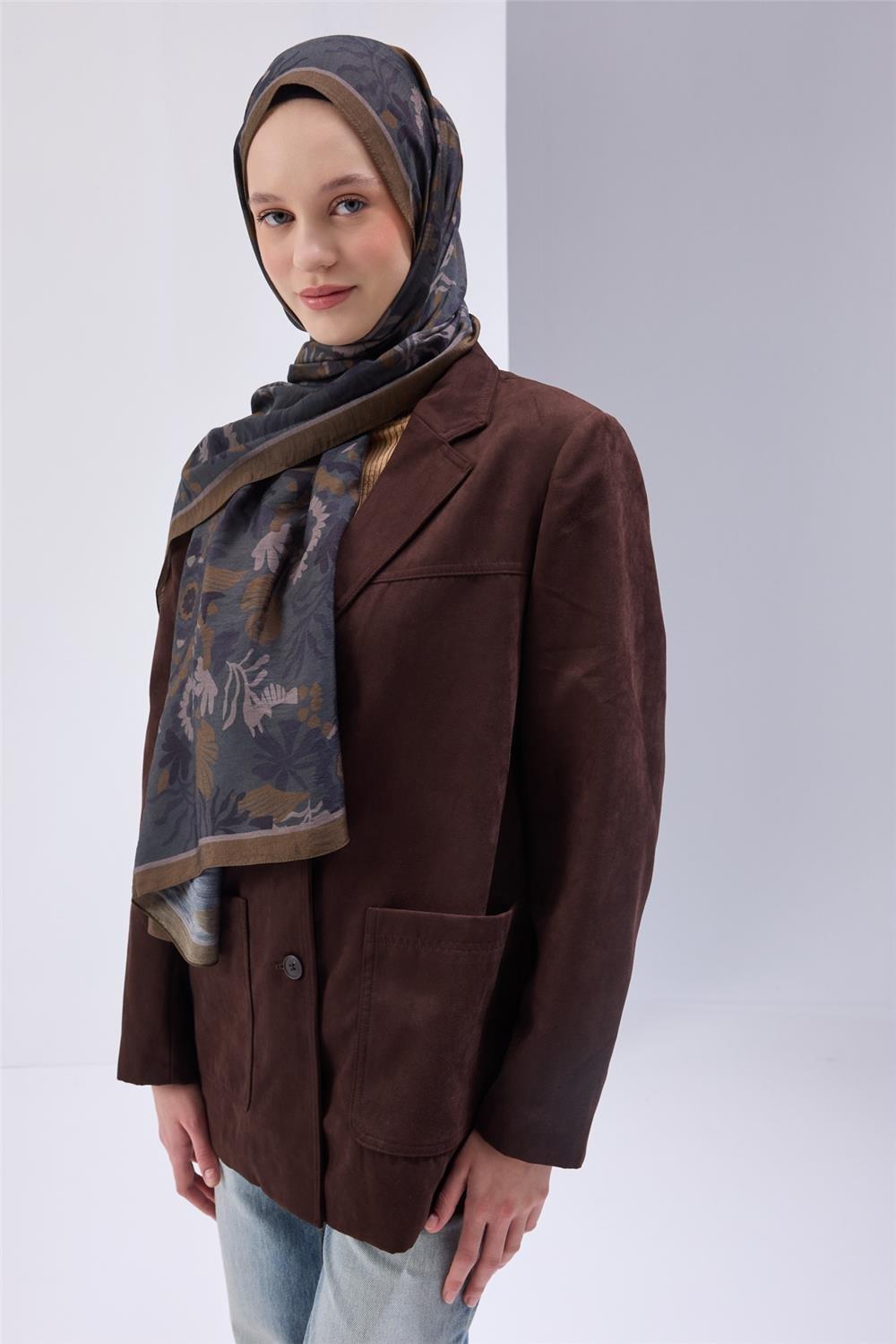 Viskon Karışımlı Mayda Şal Petrol Yeşili-Lacivert Desenli Tok Duruşlu 190x70