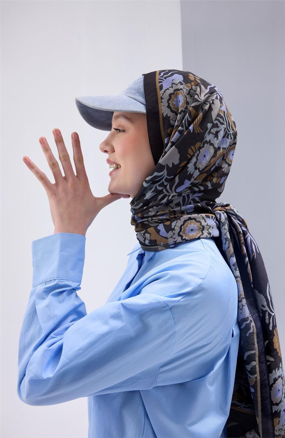 Viskon Mayda Şal Siyah Zeminli Çok Renkli Desenli Yumuşak Dokulu 190x70