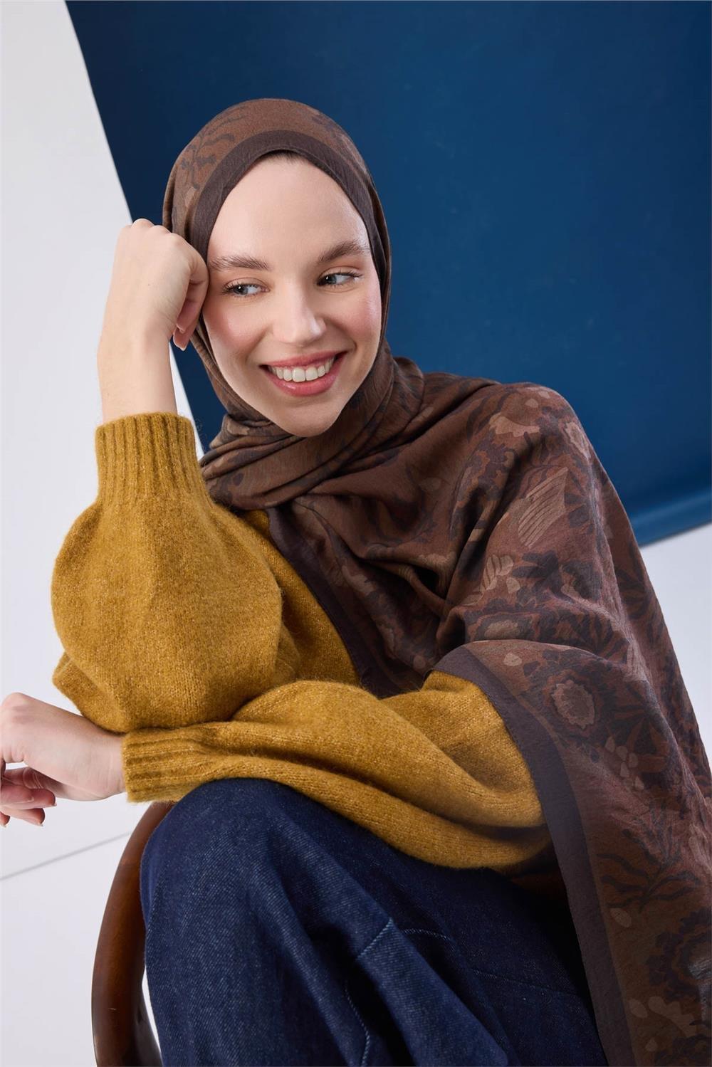 Viskon Karışımlı Mayda Şal Sütlü Kahve-Acı Kahve Desenli Tok Duruşlu 190x70