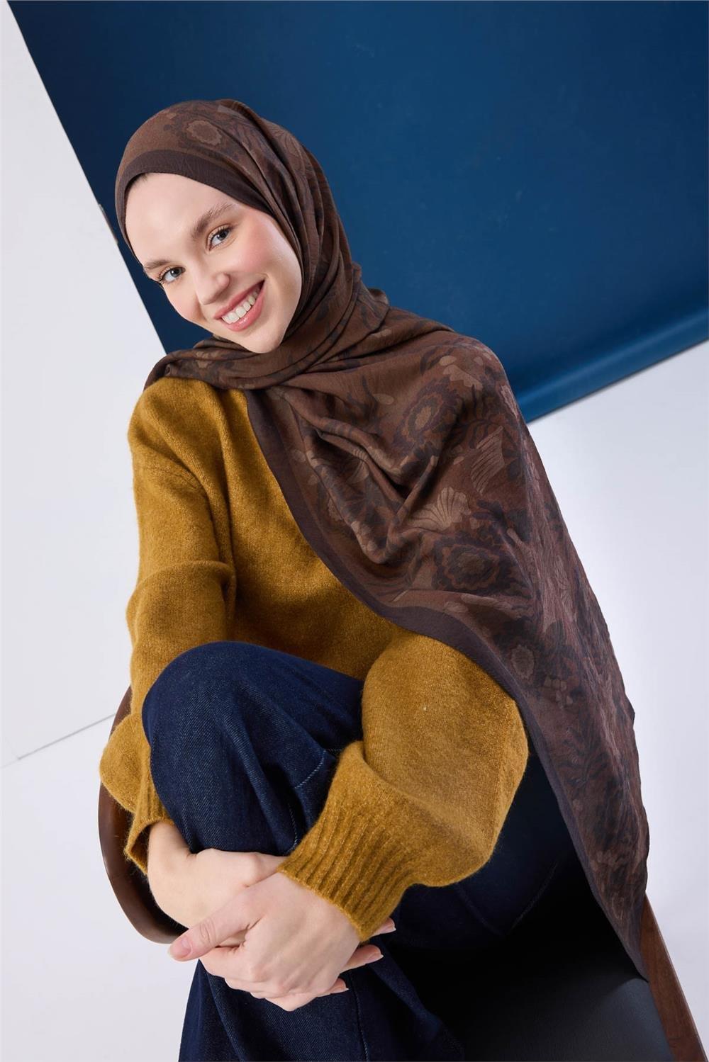 Viskon Karışımlı Mayda Şal Sütlü Kahve-Acı Kahve Desenli Tok Duruşlu 190x70