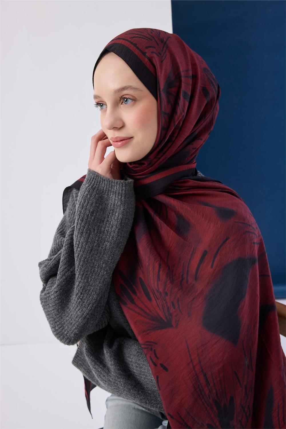 Viskon Mayda Şal Kırmızı Zeminli Siyah Detaylı Desenli Yumuşak Dokulu 190x70