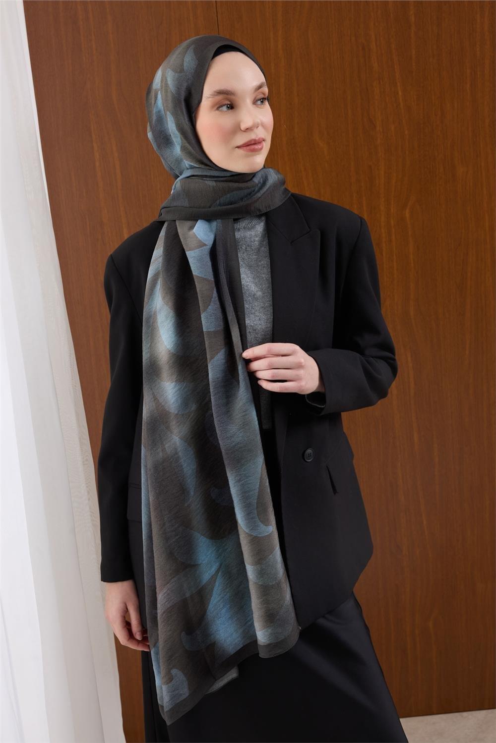 Viskon Mayda Şal Mavi-Antrasit Dalga Desenli Yumuşak Dokulu 190x70