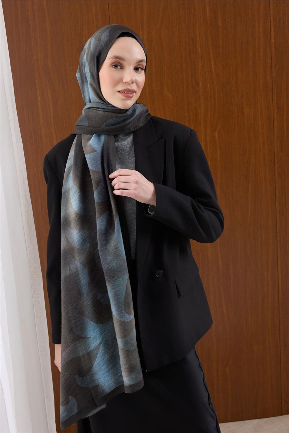 Viskon Mayda Şal Mavi-Antrasit Dalga Desenli Yumuşak Dokulu 190x70