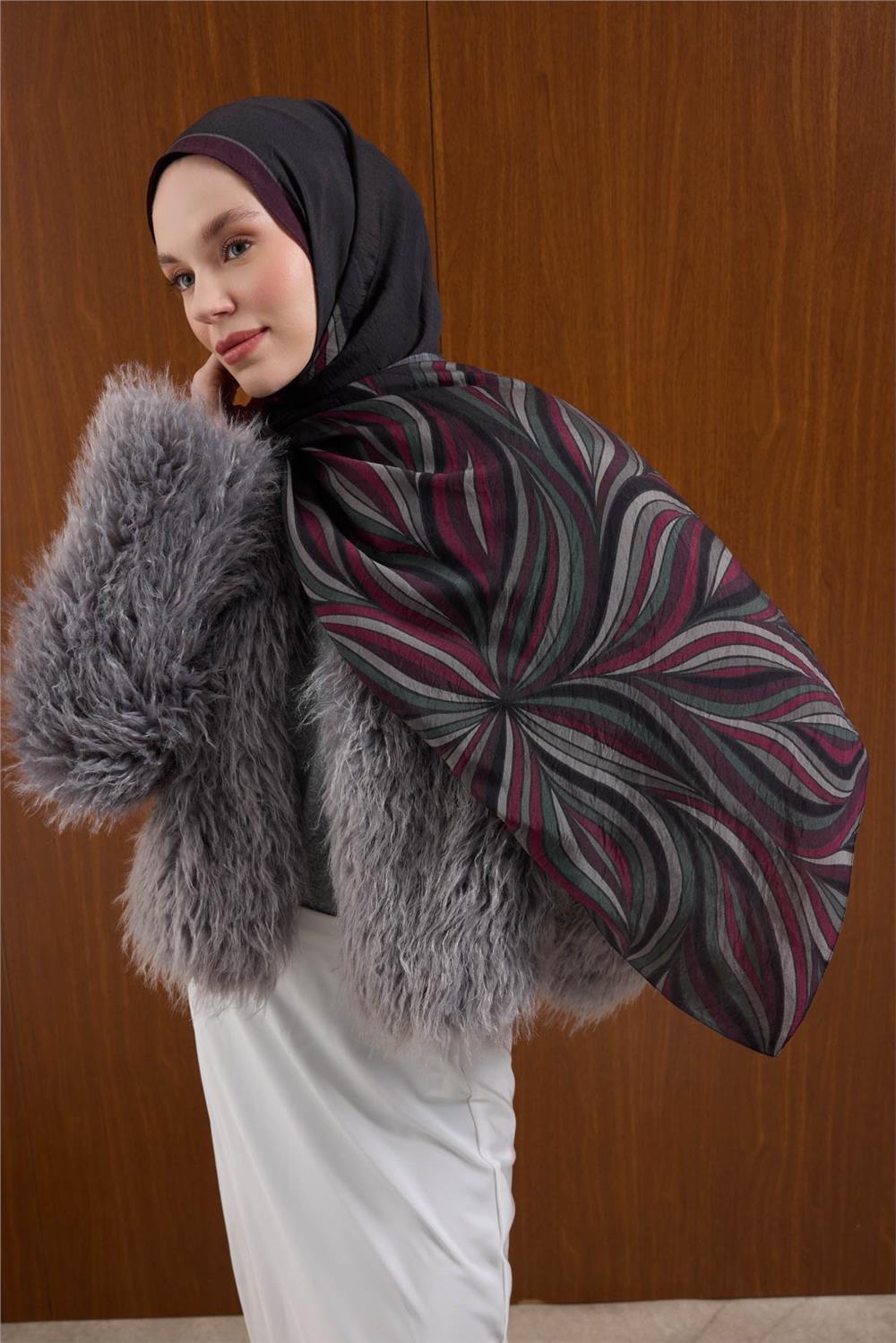 Viskon Karışımlı Mayda Şal Antrasit Zemin Çok Renkli Desenli Tok Duruşlu 190x70