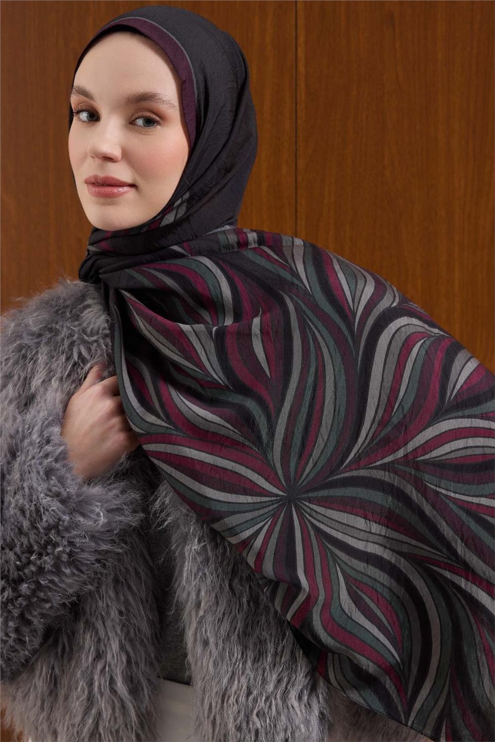 Viskon Karışımlı Mayda Şal Antrasit Zemin Çok Renkli Desenli Tok Duruşlu 190x70