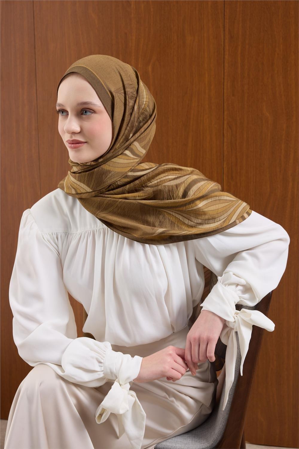 Viskon Karışımlı Mayda Şal Haki Zemin Çok Renkli Desenli Tok Duruşlu 190x70