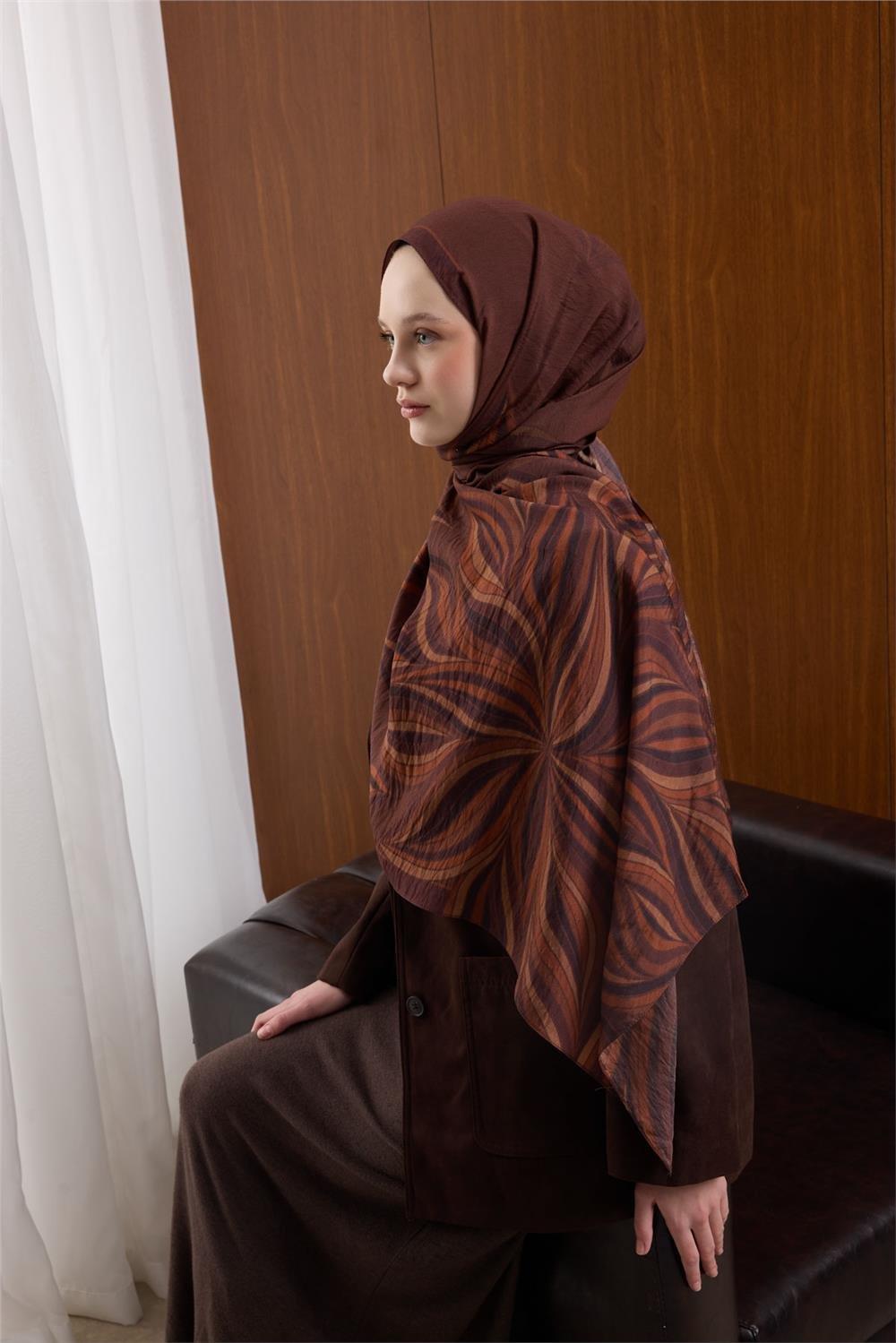 Viskon Karışımlı Mayda Şal Kiremit Zemin Çok Renkli Desenli Tok Duruşlu 190x70