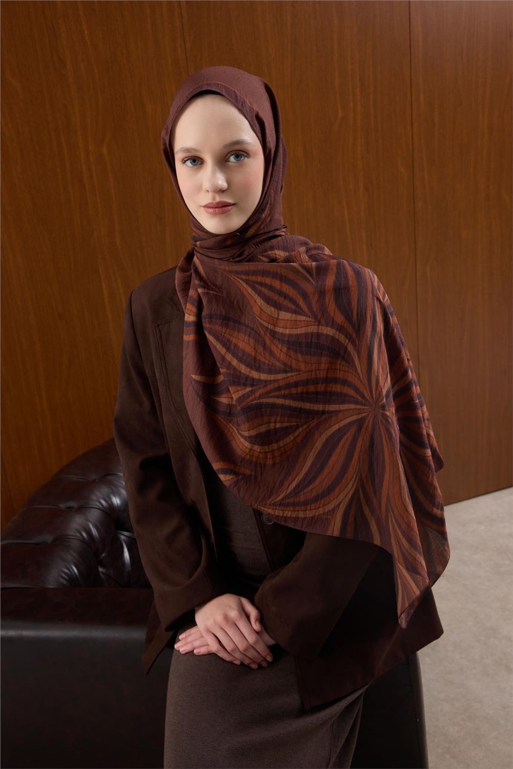 Viskon Karışımlı Mayda Şal Kiremit Zemin Çok Renkli Desenli Tok Duruşlu 190x70