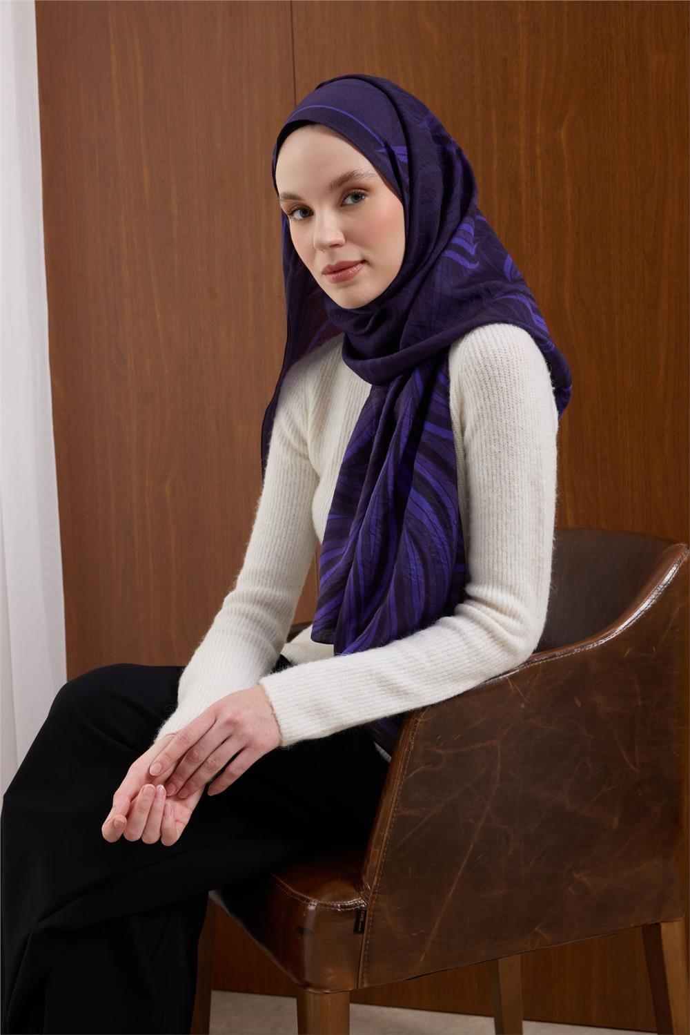 Viskon Karışımlı Mayda Şal Mor Zemin Eflatun Tonlu Desenli Tok Duruşlu 190x70