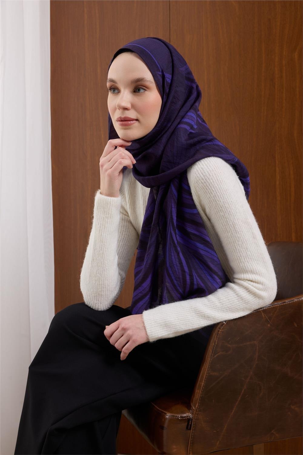 Viskon Karışımlı Mayda Şal Mor Zemin Eflatun Tonlu Desenli Tok Duruşlu 190x70