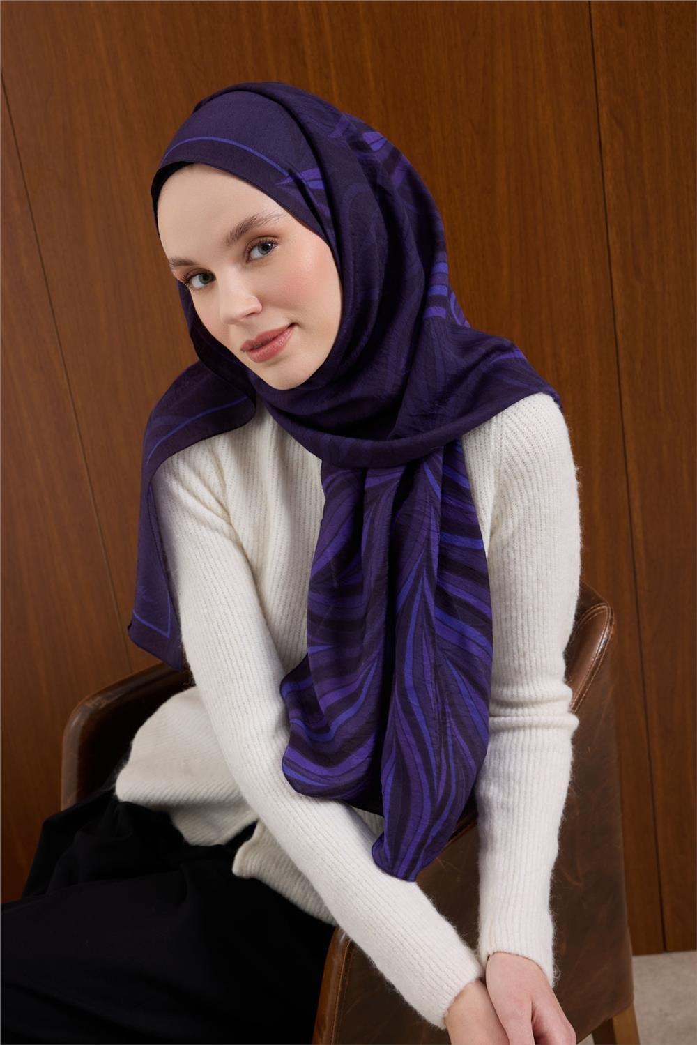 Viskon Karışımlı Mayda Şal Mor Zemin Eflatun Tonlu Desenli Tok Duruşlu 190x70