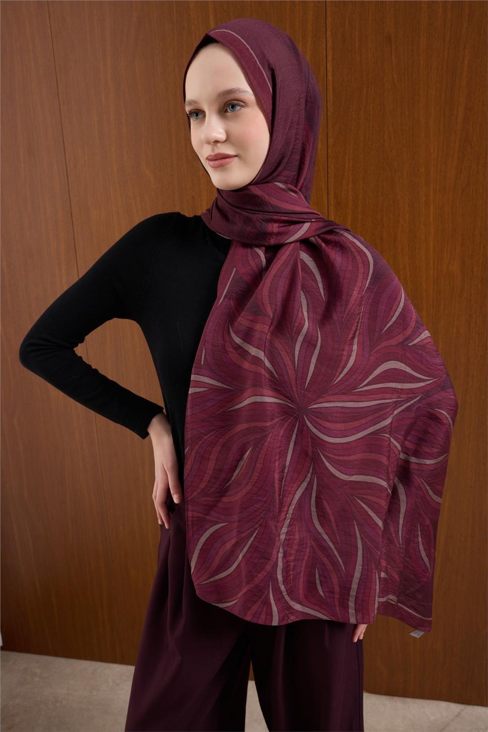 Viskon Karışımlı Mayda Şal Mürdüm Zemin Çok Renkli Desenli Tok Duruşlu 190x70