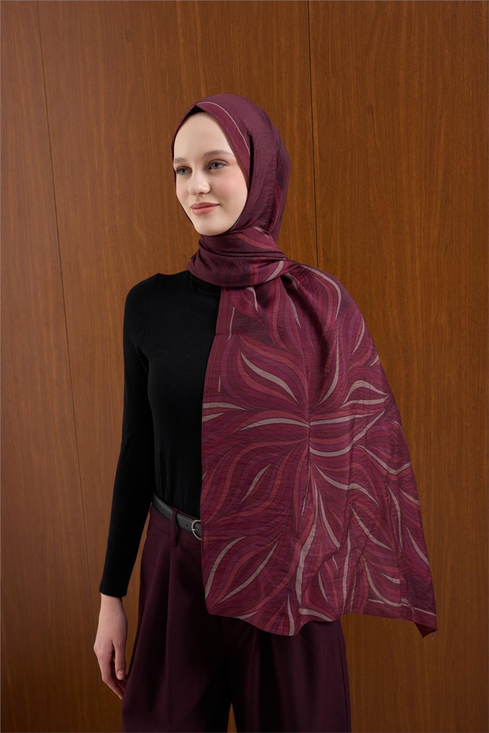 Viskon Karışımlı Mayda Şal Mürdüm Zemin Çok Renkli Desenli Tok Duruşlu 190x70