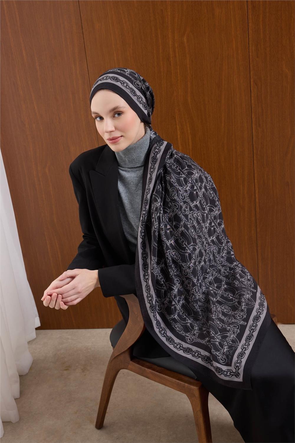 Viskon Mayda Şal Gümüş Zincir Desenli Tok Duruşlu 190x70