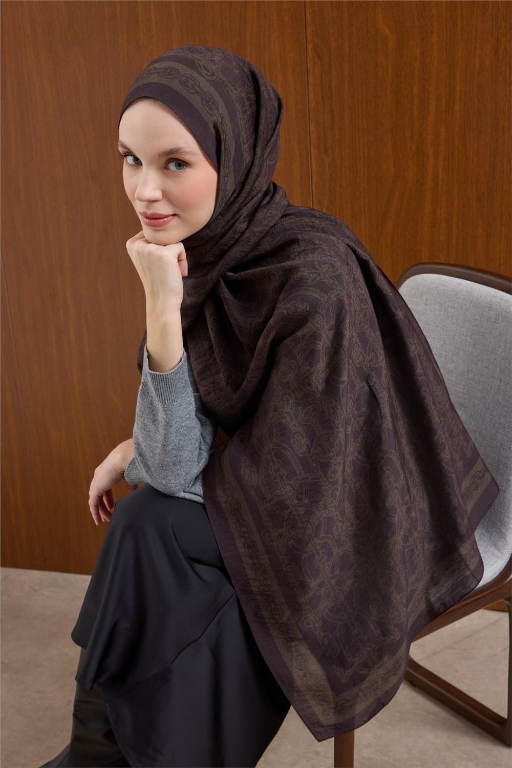 Viskon Mayda Şal Koyu Mor Zincir Desenli Tok Duruşlu 190x70