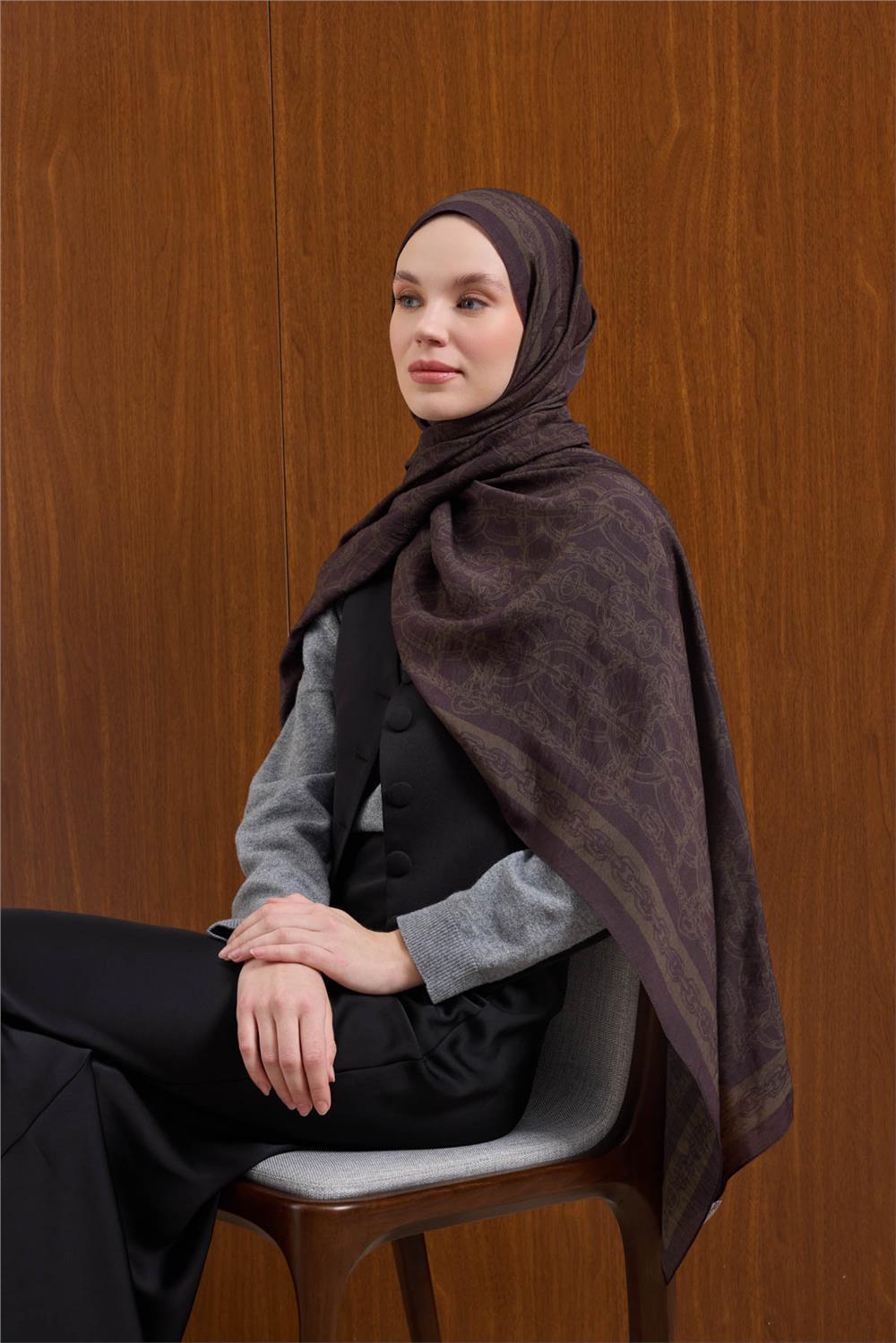 Viskon Mayda Şal Koyu Mor Zincir Desenli Tok Duruşlu 190x70