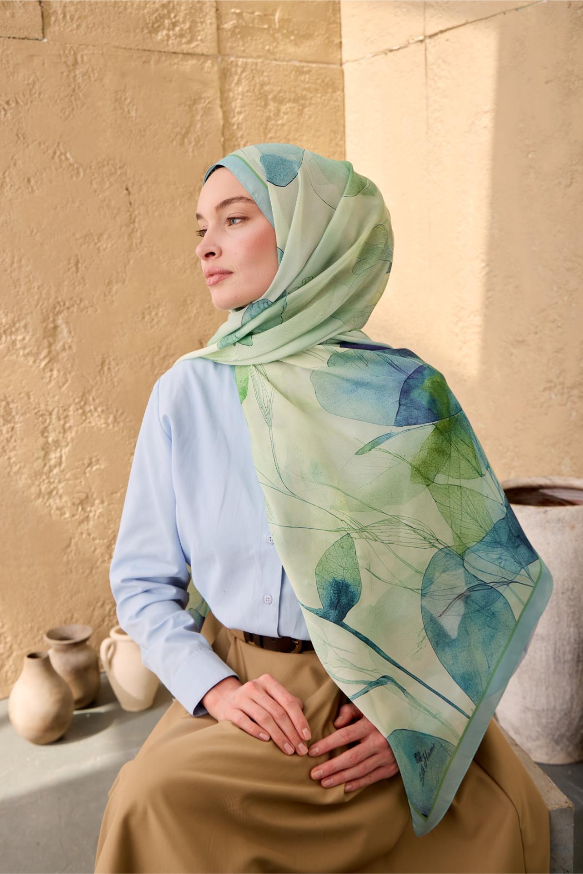 Polyester Velina Şal Bebe Mavi-Su Yeşili Desenli Parlak Dokulu Hafif 190x70