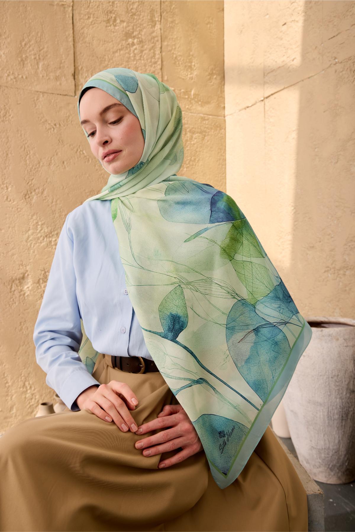 Polyester Velina Şal Bebe Mavi-Su Yeşili Desenli Parlak Dokulu Hafif 190x70