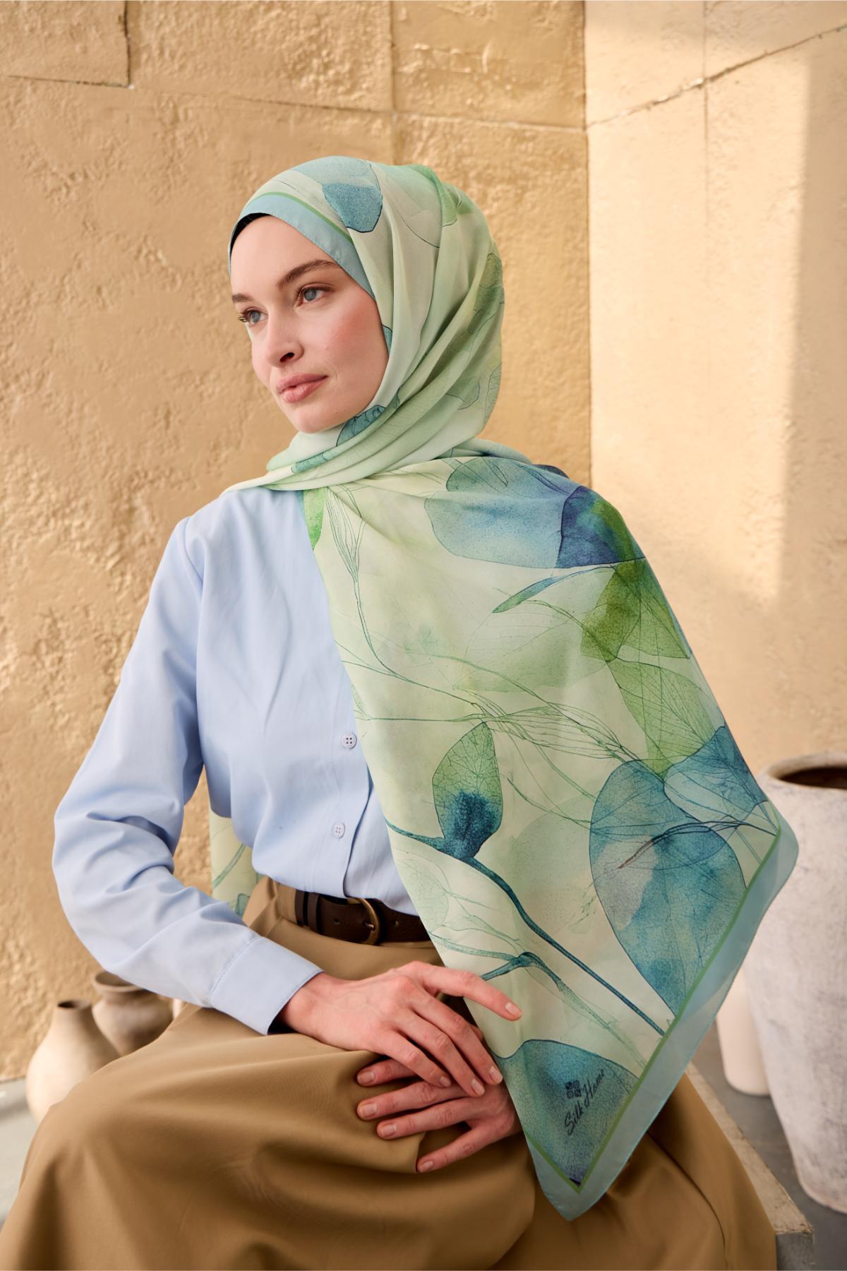 Polyester Velina Şal Bebe Mavi-Su Yeşili Desenli Parlak Dokulu Hafif 190x70