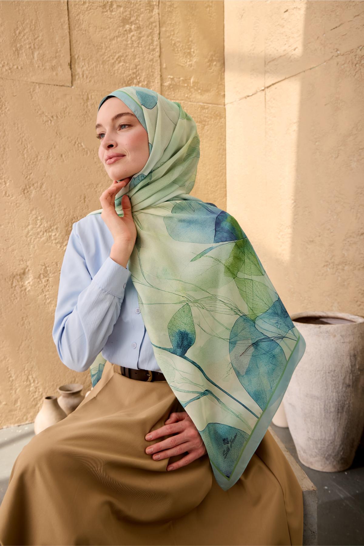 Polyester Velina Şal Bebe Mavi-Su Yeşili Desenli Parlak Dokulu Hafif 190x70