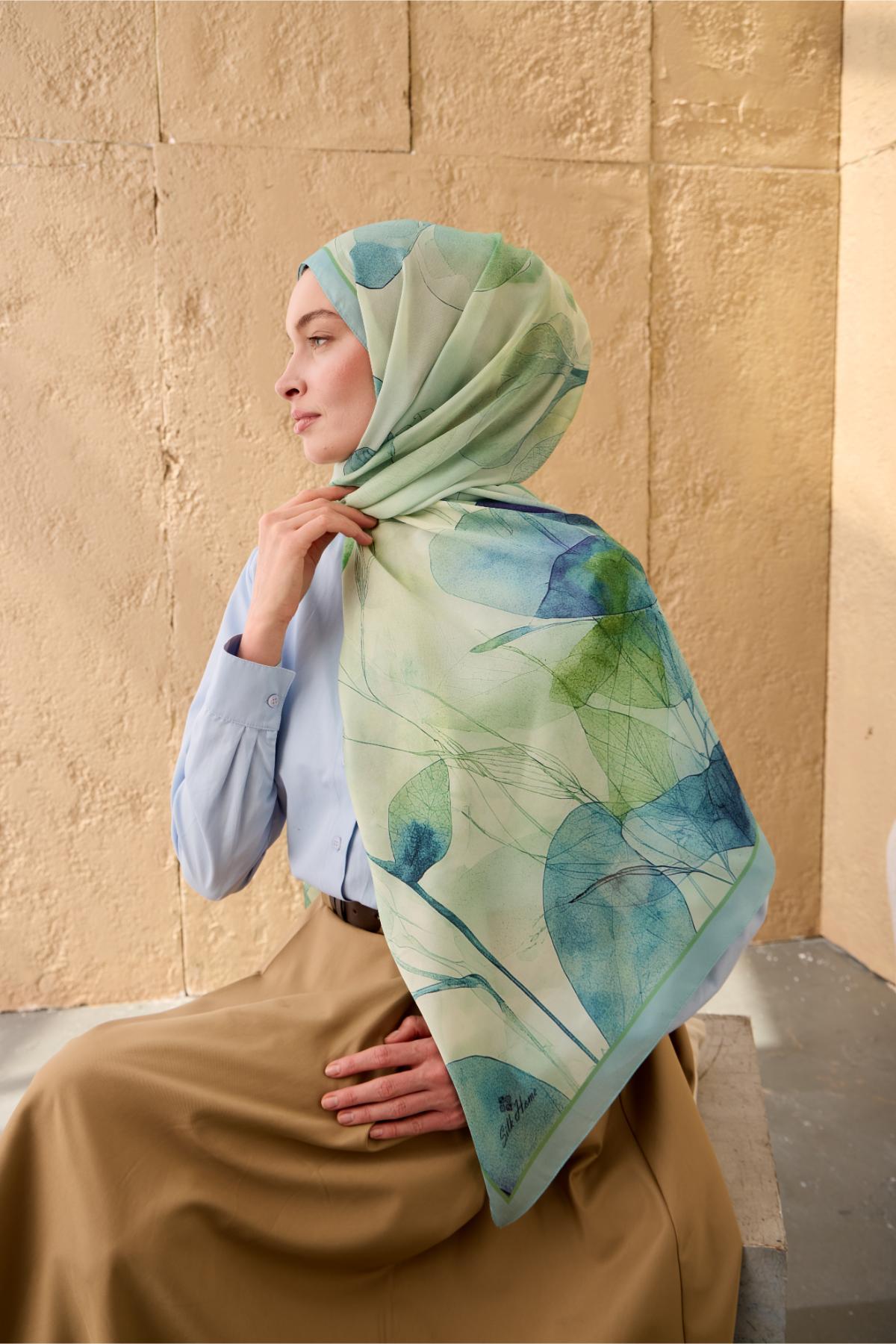 Polyester Velina Şal Bebe Mavi-Su Yeşili Desenli Parlak Dokulu Hafif 190x70