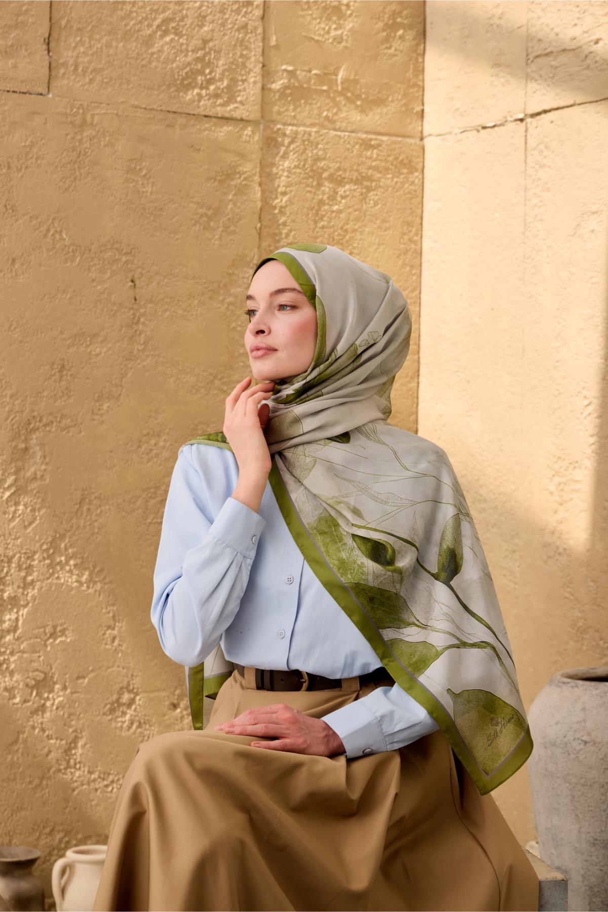 Polyester Velina Şal Yeşil-Gri Desenli Parlak Dokulu Hafif 190x70