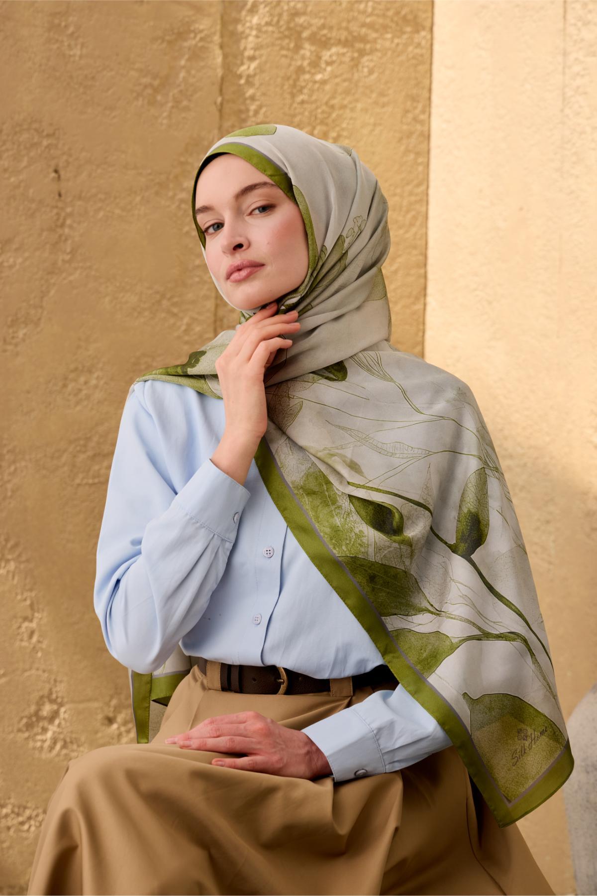 Polyester Velina Şal Yeşil-Gri Desenli Parlak Dokulu Hafif 190x70