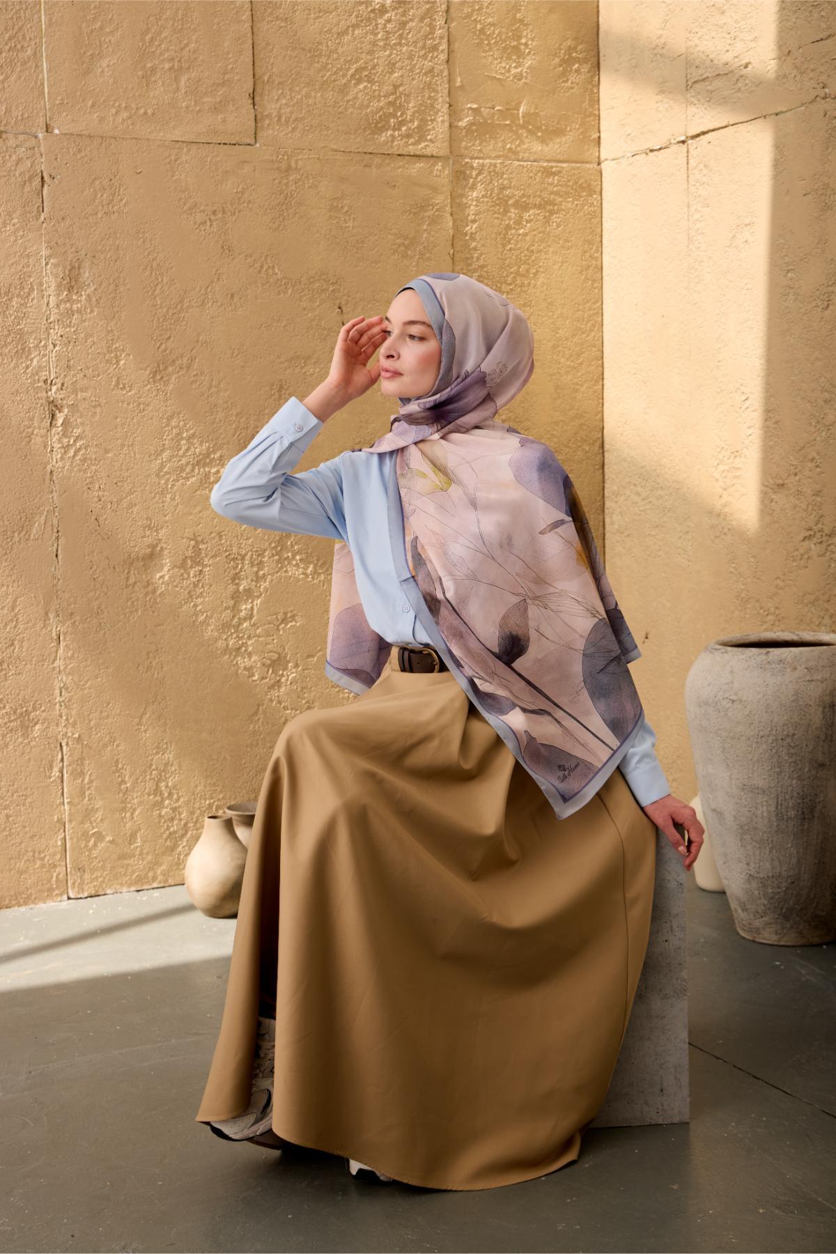 Polyester Velina Şal Bebe Mavi-Pudra Desenli Parlak Dokulu Hafif 190x70