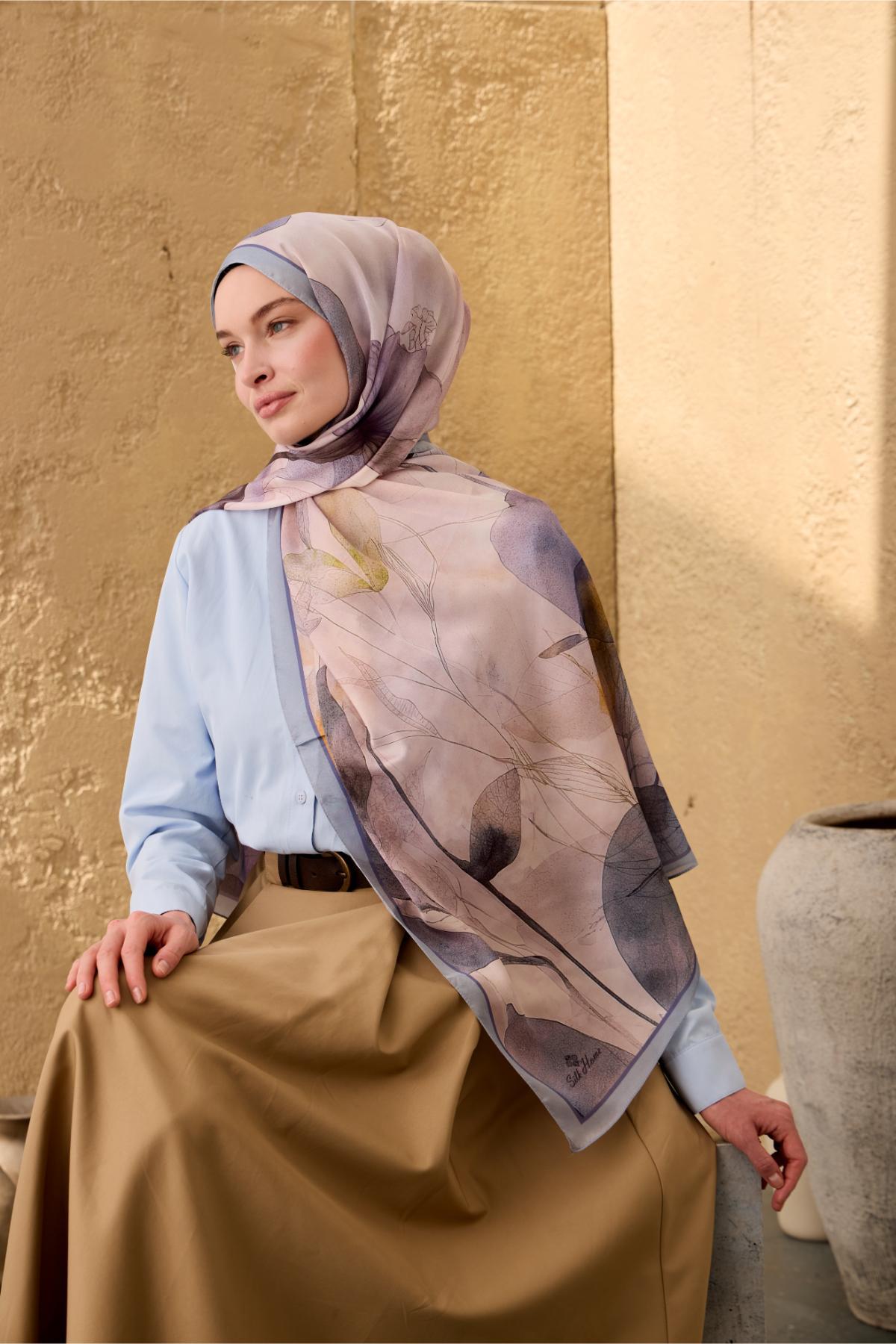 Polyester Velina Şal Bebe Mavi-Pudra Desenli Parlak Dokulu Hafif 190x70