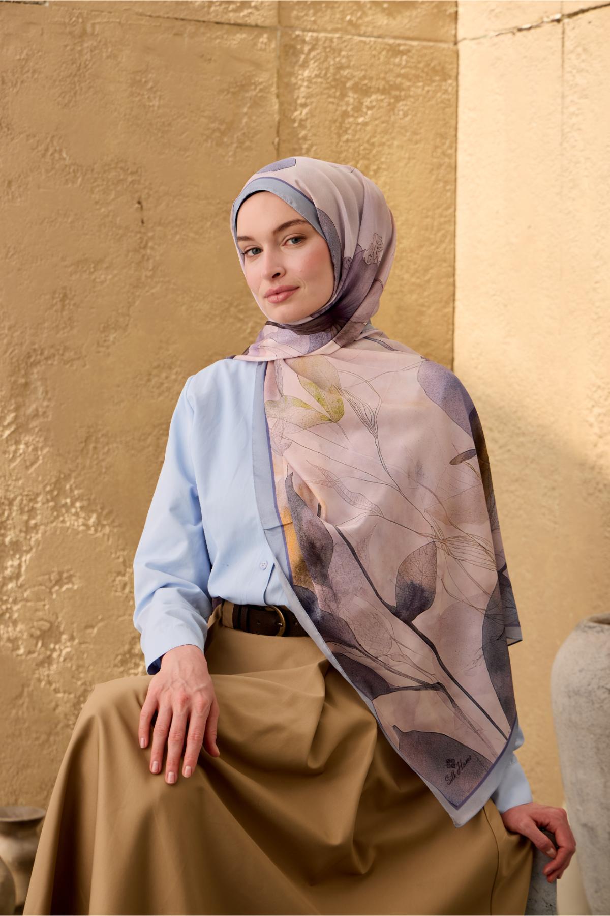 Polyester Velina Şal Bebe Mavi-Pudra Desenli Parlak Dokulu Hafif 190x70