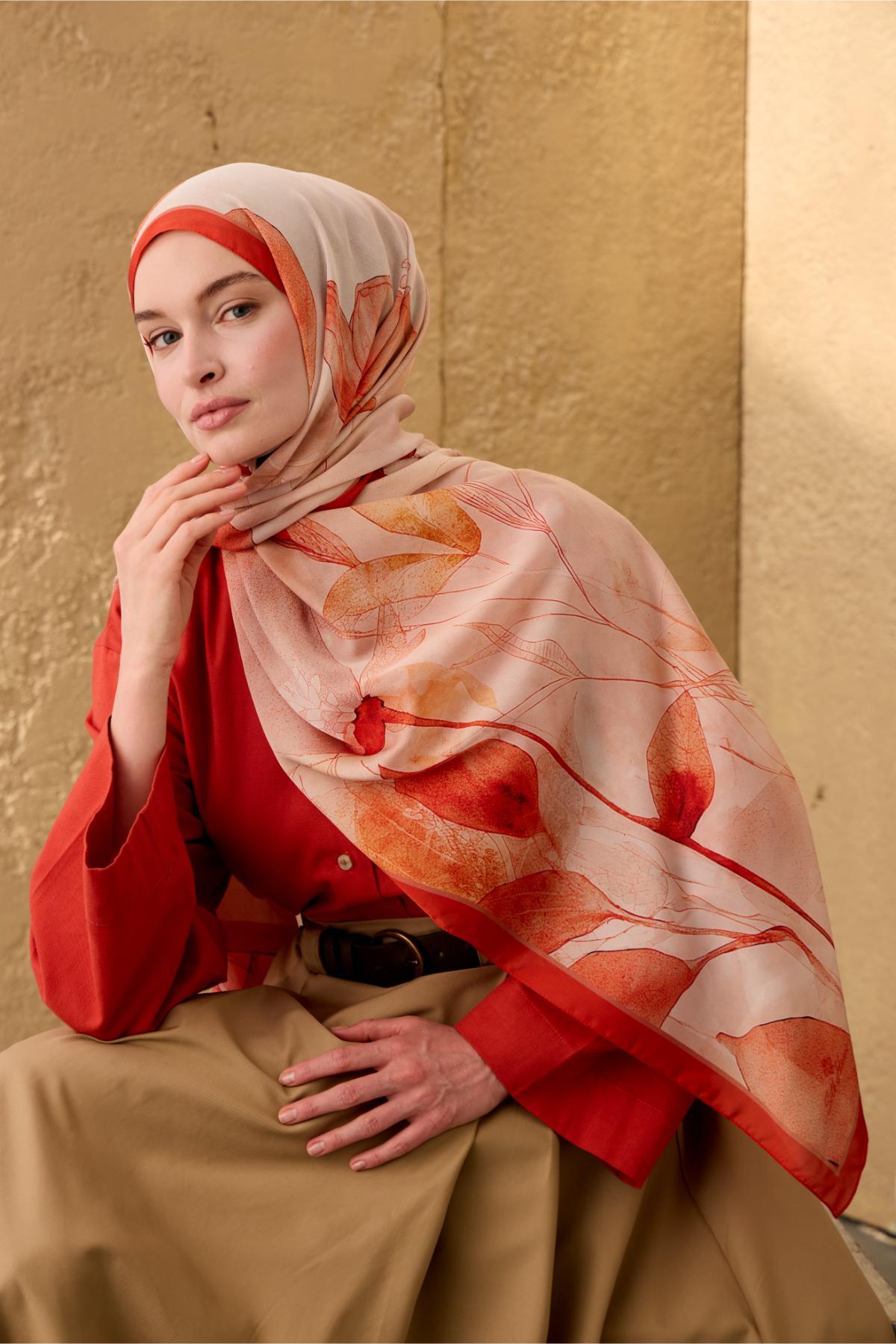 Polyester Velina Şal Parlak Turuncu-Krem Desenli Parlak Dokulu Hafif 190x70