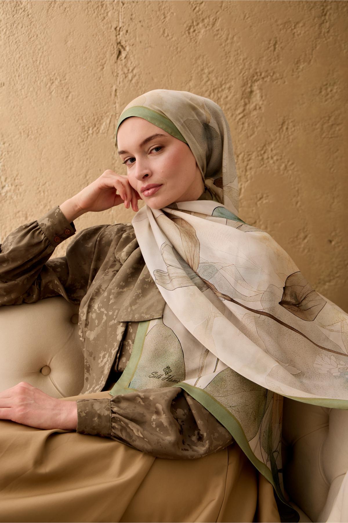 Polyester Velina Şal Pastel Yeşil Haki Kahve Turuncu Mavi Desenli İpeksi Dokulu Hafif Yapılı 70x190