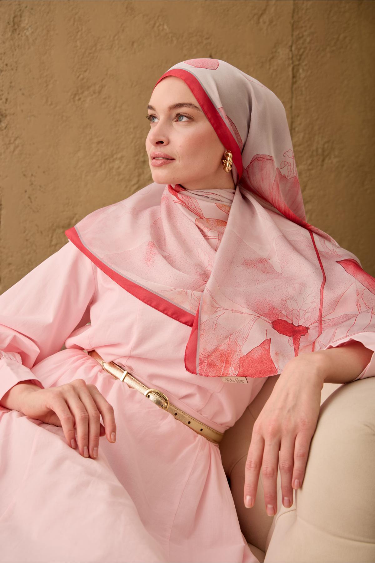 Polyester Velina Şal Fuşya-Toz Pembe Gri Pudra Desenli İpeksi Dokulu Hafif Yapılı 70x190
