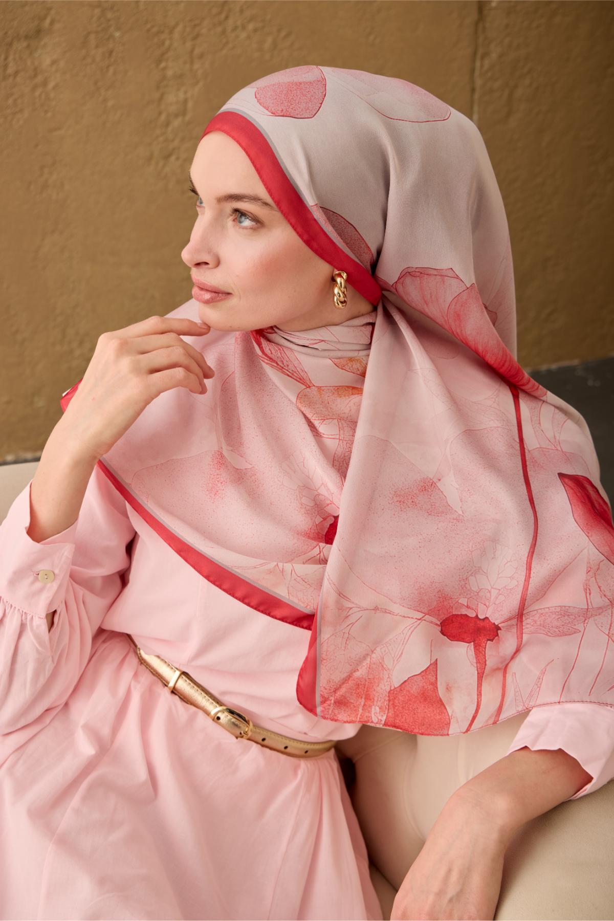 Polyester Velina Şal Fuşya-Toz Pembe Gri Pudra Desenli İpeksi Dokulu Hafif Yapılı 70x190