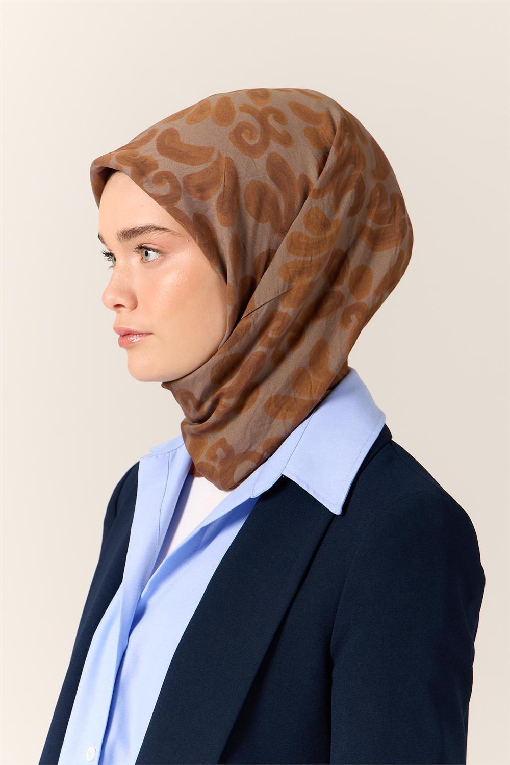 Viskon Karışımlı Velora Eşarp Taba-Gri-Soğan Kabuğu Desenli İnce Dokulu Dökümlü 90x90