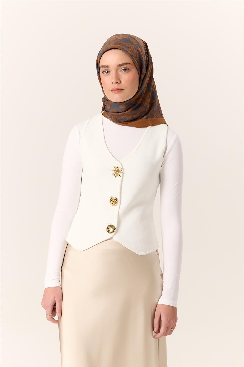 Viskon Karışımlı Velora Eşarp Taba-Gece Mavisi Desenli İnce Dokulu Dökümlü 90x90