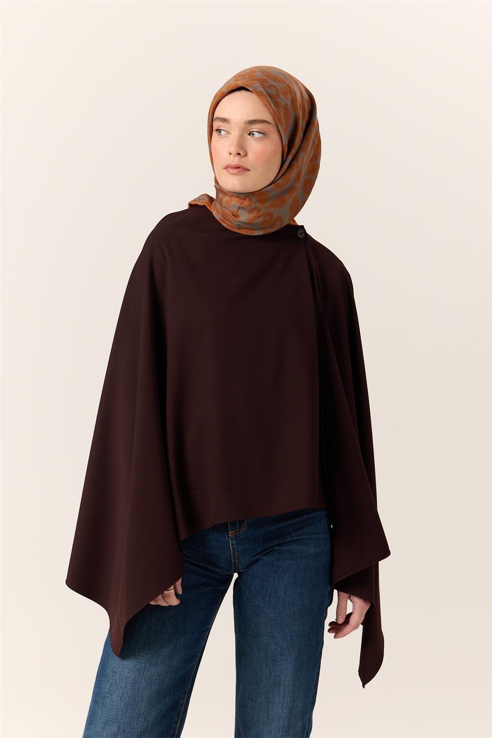 Viskon Karışımlı Velora Eşarp Koyu Gri-Kiremit-Turuncu Desenli İnce Dokulu Dökümlü 90x90