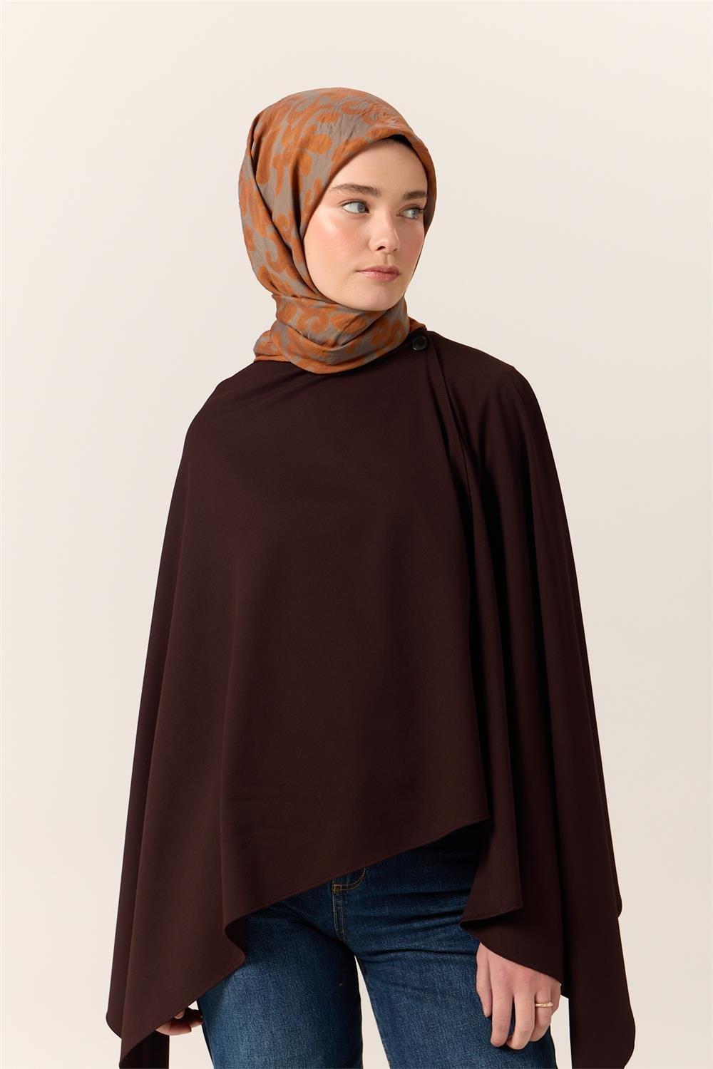 Viskon Karışımlı Velora Eşarp Koyu Gri-Kiremit-Turuncu Desenli İnce Dokulu Dökümlü 90x90