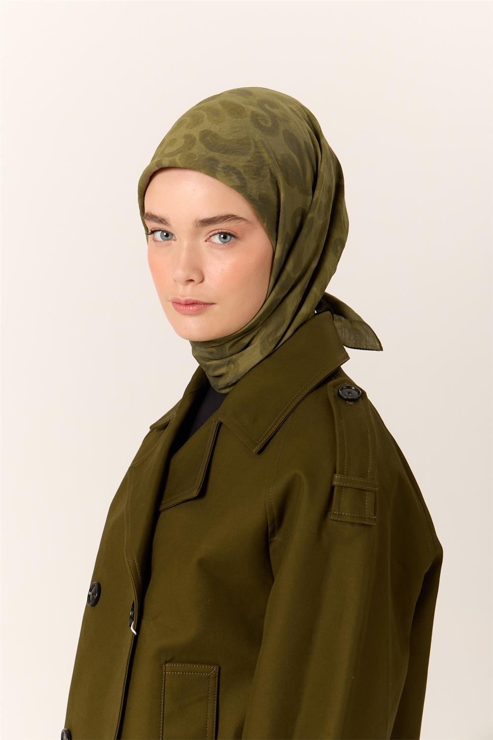 Viskon Karışımlı Velora Eşarp Kına Yeşili-Çimen Yeşili Desenli İnce Dokulu Dökümlü 90x90