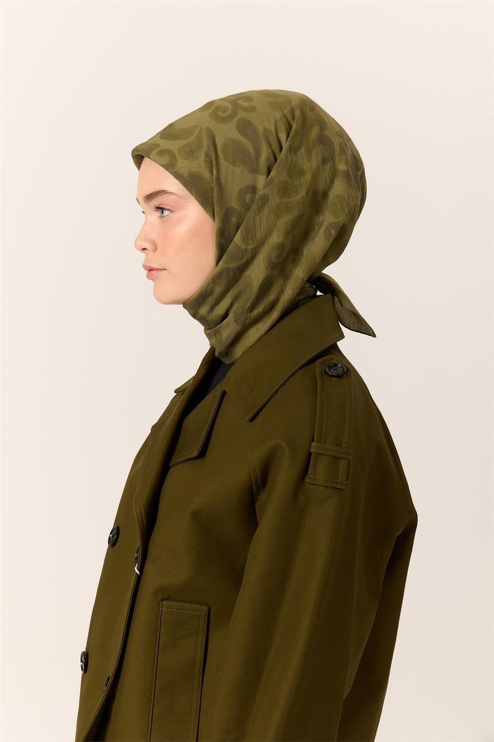 Viskon Karışımlı Velora Eşarp Kına Yeşili-Çimen Yeşili Desenli İnce Dokulu Dökümlü 90x90