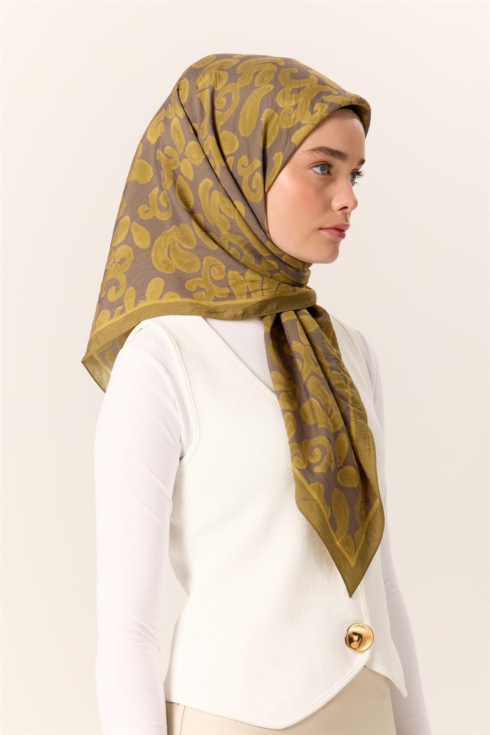 Viskon Karışımlı Velora Eşarp Yeşil-Gri-Yağ Yeşili Desenli İnce Dokulu Dökümlü 90x90