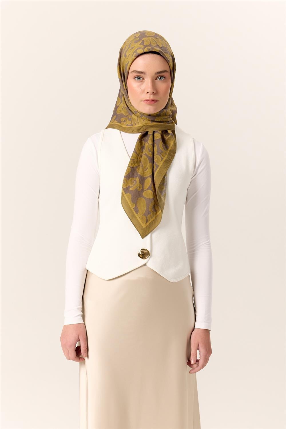 Viskon Karışımlı Velora Eşarp Yeşil-Gri-Yağ Yeşili Desenli İnce Dokulu Dökümlü 90x90